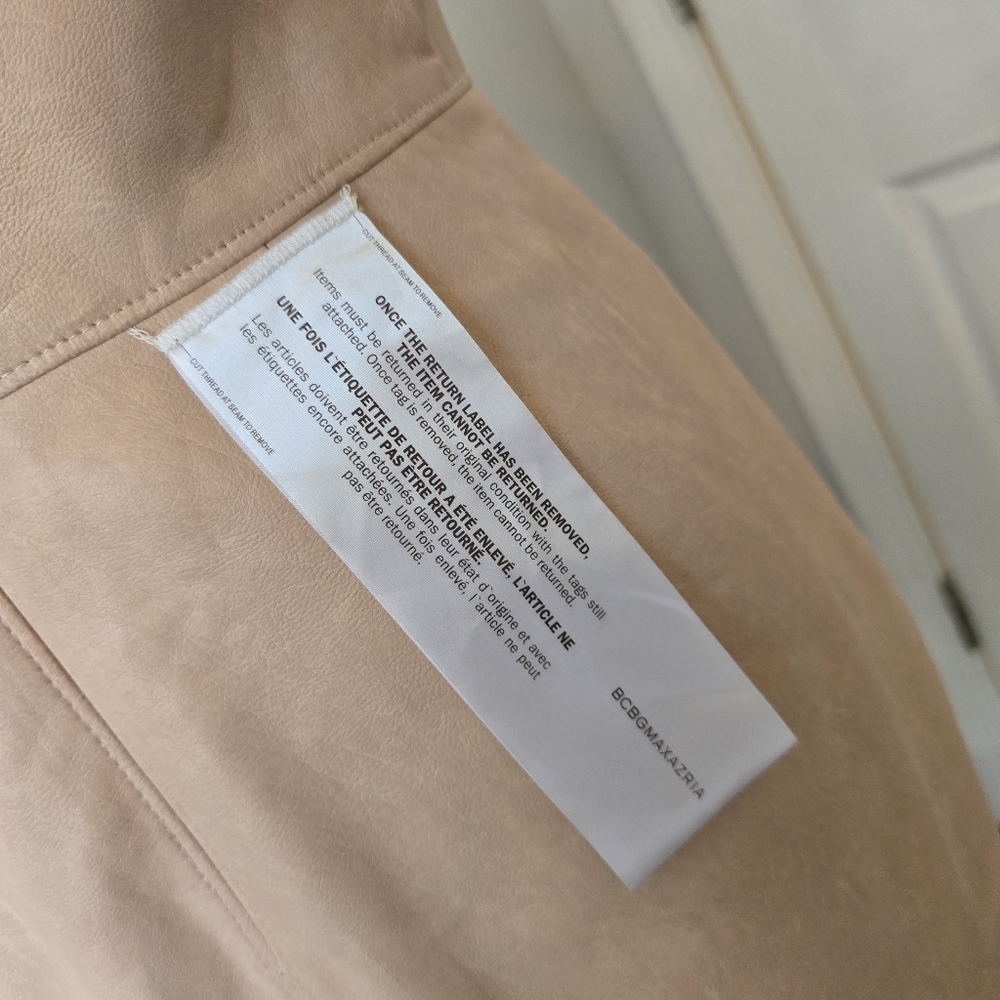 BCBGMaxAzria | Size 8 | Faux Leather Mock Neck Bare Pink Sheath Dress - Picture 7 of 14